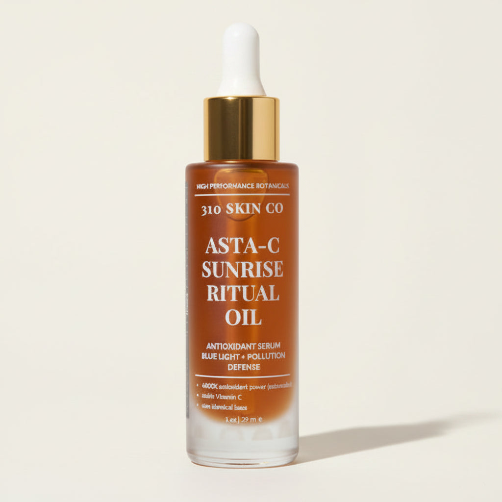 bottle of 310 Skin Co Asta-C Sunrise Ritual Oil blue light protection pollution defense astaxanthin and stable vitamin C antioxidant plant-based serum