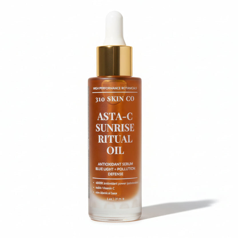 bottle of 310 Skin Co Asta-C Sunrise Ritual Oil blue light protection pollution defense astaxanthin and stable vitamin C antioxidant plant-based serum